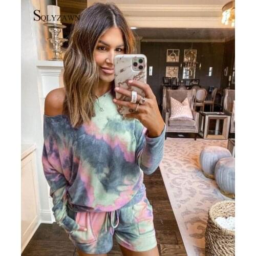 Women Summer Casual Tie Dye Two Piece Outfits Tracksuit Long Sleeve Top and Shorts Suits Summer 2pcs Matching Sets Lounge Wear