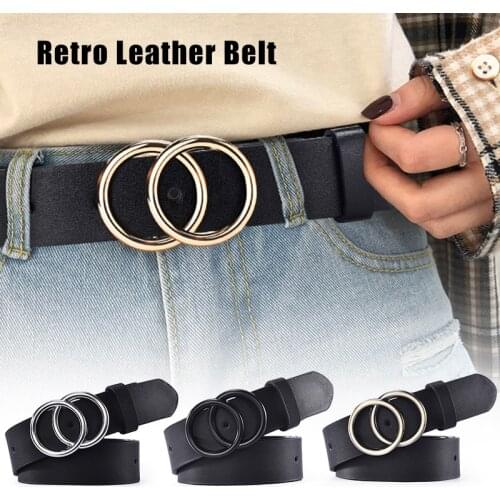Women PU Leather Belt Fashion Classic Waist Belts with Double O-Ring Buckle XIN-Shipping