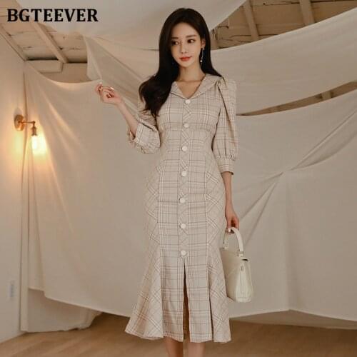 BGTEEVER Vintage Plaid Bodycon Women Dress Puff-sleeve Single-breasted Female Mermaid Dress Elegant Workwear Dress 2021 Spring