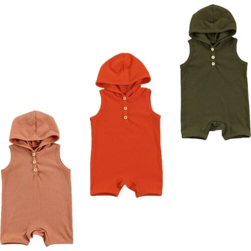 0-24M Infant Ribbed Romper Baby Sleeveless Button Closure Hooded Playsuit
