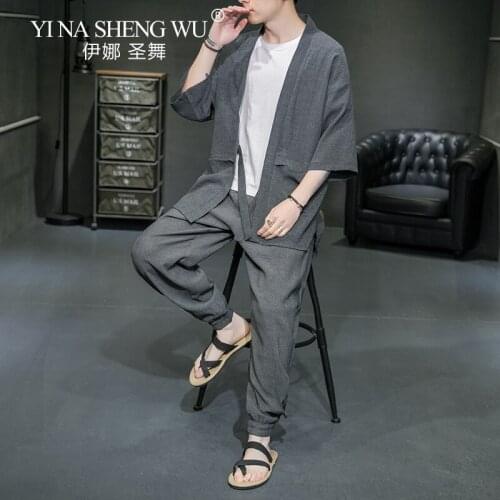 Kimono Japanese Men Harajuku Style Coat Pants Japanese Haori Cardigan Traditional Jacket Loose Thin Shirt Yukata Kimono Clothing