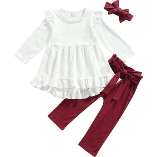 3Pcs Little Girls Outfit, Sweet Style Plaid/Solid Color Lace Splicing Wide Hem Long Sleeve Round Collar Tops + Pants + Headwear