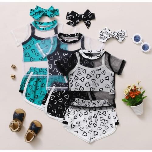 FOCUSNORM 1-6Y Toddler Girls Clothes Sets 4pcs Heart Print Vest+ Mesh Lace T Shirts+Elastic Shorts+Headband 3 Colors
