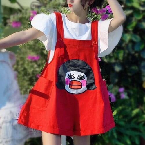 2 PCS Lovely Young Ladies Women Summer Suit Cartoon Print Flare Tees Loose Tops Blouse and Oversized Overall Playsuit Suit NS660