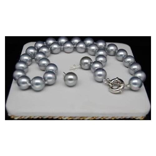 Prett Lovely Womens Wedding shipping>>>>>> jewelry 12MM -gray shell pearl necklace& earrings stud --jewelrynoble ladys