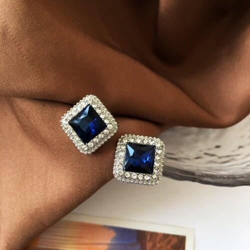 Beautiful Vogue Crystal Square Clip on Statement Earrings Big Vintage French Blue Earrings