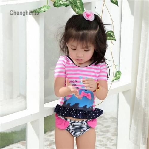 Girls Two Pieces Swimwear Children Swimsuit Pink Stripe with Whale Print Baby Short Sleeve Rash Guard Baby Swimpool Suit