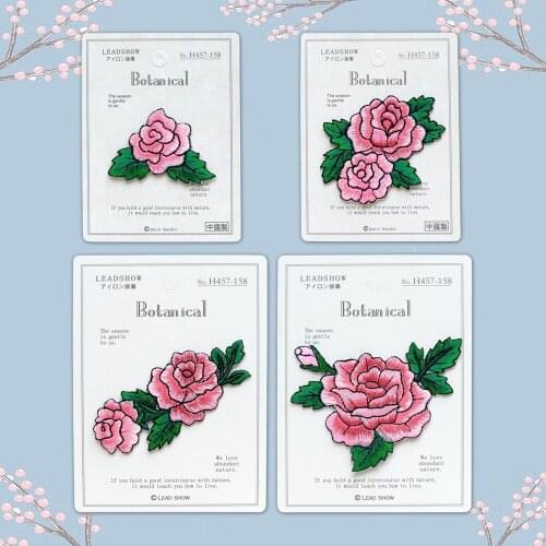 Maxsin 1 Piece Exquisite Pink Rose patches iron on applique for clothes diy craft accessory cartoon sew on flower fabric sticker