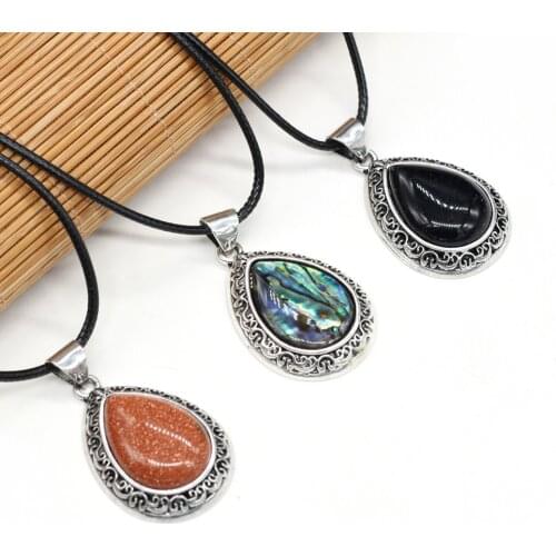 2021 New Natural Semi-precious Stone Pendant Necklace Drop-shaped Ocean Abalone Shell Elegant Ladies Leather Rope Chain Necklace