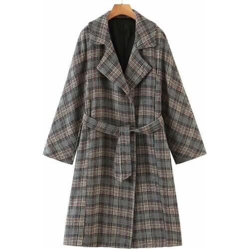 Autumn and Winter Suit Collar Slim Fit Belt Womens Casual Longline Check Coat Womens Check Jacket Thick Woolen Coat 2021