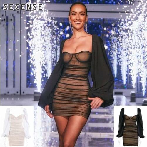 Dress Women Ruched Mesh Lantern Sleeves Sexy Boned Corset Mini Dresses Square Neck Chiffon Slim Summer Party Bodycon Dress