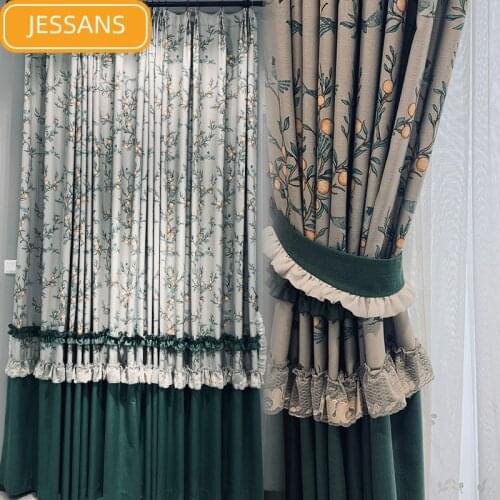 American Printing Thick Cotton Linen Lace Stitching Blackout Curtains for Living Room Bedroom Finished Products Customization