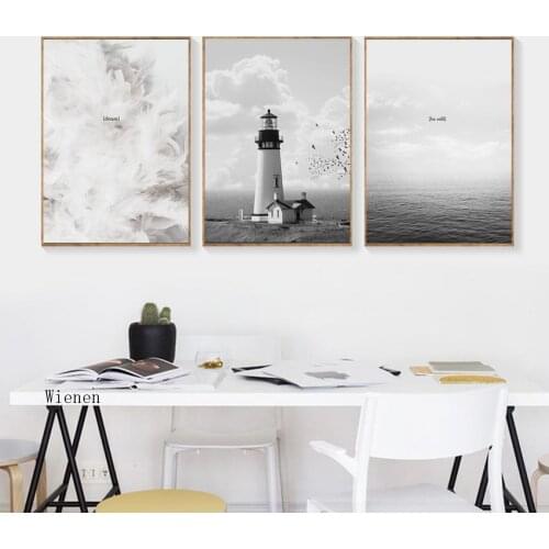 Lighthouse Landscape Poster Print No Frame Canvas Painting Nordic Home Decor Feather and Sea Wall Art Pictures for Living Room