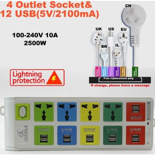 Plug 4 Outlet Power Strip & 12 usb socket smart power socket with EU UK US universal power strip