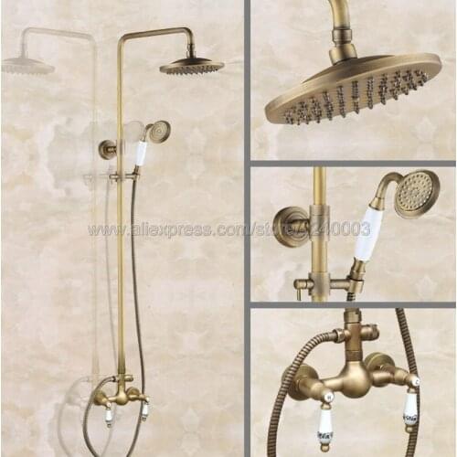 Bathroom 8" Rainfall Shower Faucet Set Antique Brass Dual Handle Bath Shower Mixer Taps Wall Mounted with Handshower Kan108