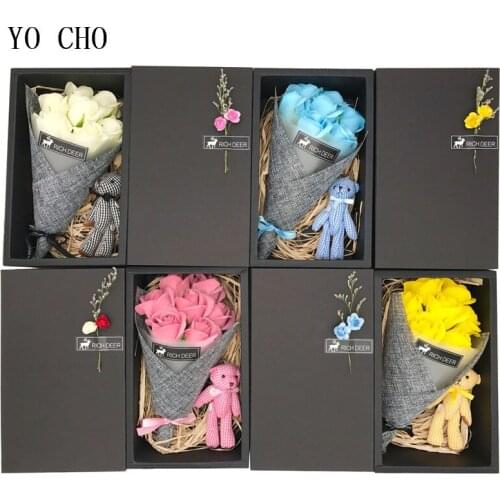 YO CHO Soap Rose Artificial Flower Bear in Box Preserved Flower Wedding Valentines Mothers Day Birthday Gift Soap Rose Flowers