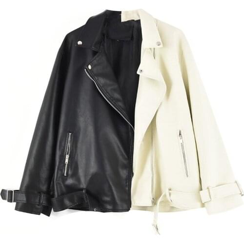 Womens Moto Biker Zipper Jacket Oversize Loose Streetwear Short Coat Female Faux Pu Motorcycle Asymmetric Zip Leather Jackets