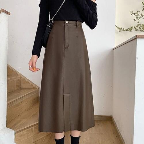 Leather Midi Skirt For Women 2021 Autumn Winter Office Lady High Waist Elegant Split Skirts Black Faldas