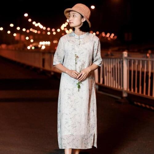 Johnature Summer New Retro Print Plate Buckle Stand Short Sleeve Fashion Dresses 2021 Loose Comfortable 2 Color Women Dress