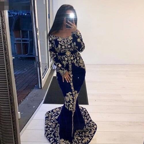 Royal Blue Mermaid Moroccan Caftan Evening Kaftan Dresses gold lace Embroidery Long Sleeves Formal Dresses Burgundy Evening Gown