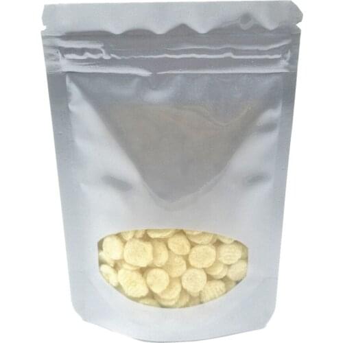 1000Pcs Stand Up Silver Glossy Mylar Foil Zipper with Clear Window Food Storage Bag Tear Notch Reusable Cereals Package Bag