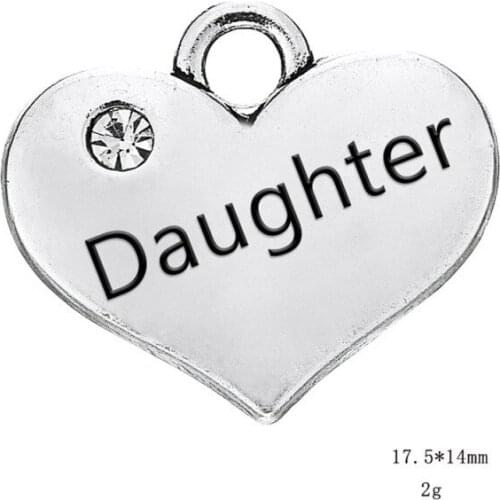 50PCS Silver Rhinestone Daughter Heart Pendant Charms Necklace Jewelry DIY Accessories Handmade Keychains,Bracelets Making