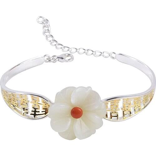 BOCAI 2021 New 100% S925 Silver Gilded Jewelry Happy Character Bracelet Natural Hetian Jade Flower Fashionable Woman Bracelet