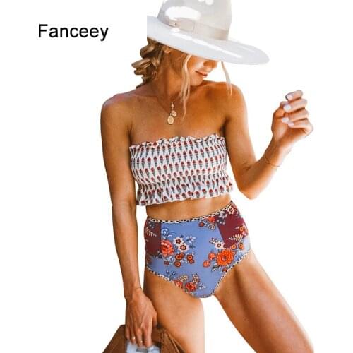 Fanceey Two Piece Swimwear White High Waist Printed Smocked Bikini Women Push Up Biquini Swimsuit Summer Bathing Suit LC411364