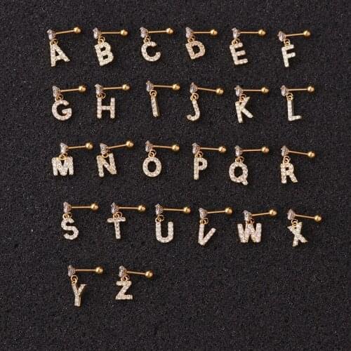 1PC 26 English Letters Zircon Cartilage Tragus Barbell Ear Ring Bar Stud Body Piercing Jewellery