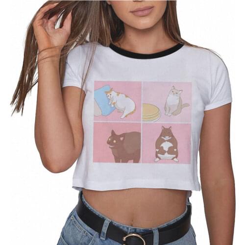 Summer fashion Harajuku Sexy tank Crop Top White T Shirt Clothes Women Cute cartoon cat printing vintage Croptop Short sleeve