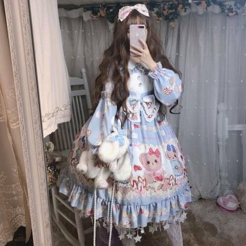 Japanese sweet Lolita cute cartoon print Cos Lolita long sleeve Peter pan Collar Loli tea party dress retro court Vestidos