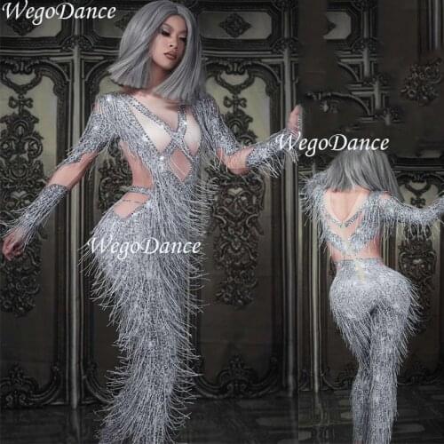 New Spandex Bodysuit Stage Dance Wear Birthday Celebrate Stretch Costume Sexy tassel Women Jumpsuit singer gogo clothes