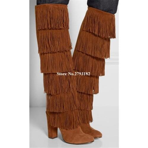 Women Charming Fashion Round Toe Suede Leather Tassels Chunky Heel Over Knee Boots Fringes Long Thick High Heel Boots