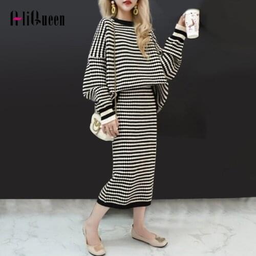 Autumn Women Knitted Two Piece Set Sweater Suits Striped Pullover + Slim Midi Skirts Set Female Outfits Oversize Warm Tracksuit