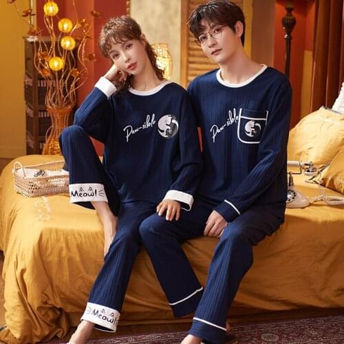 Couple Loose Cotton Winter White O-neck Pajamas Set Casual Blue Long Sleeve Homewear Men Women Cute Cartoon Cat Pocket Sleepwear