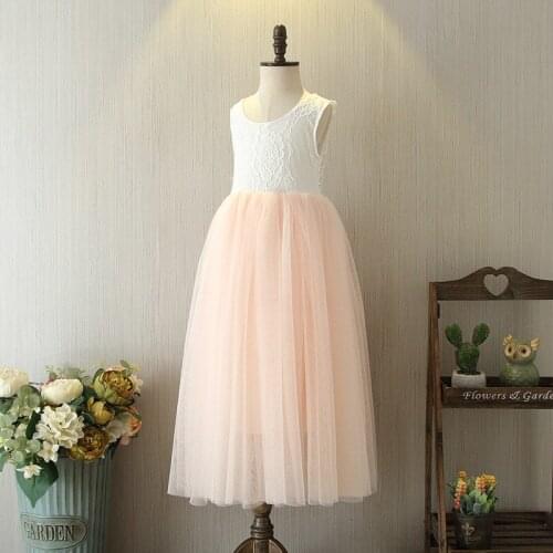 Girls Sleeveless Straight Tulle Dress Solid Lace Flower Girls Princess Dress Vintage Embroidery Lace Tiered Vestido Clothes