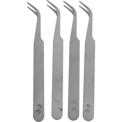 Silver Tone 5 Inch Length Metal Bent Tip Tweezers 4 Pcs