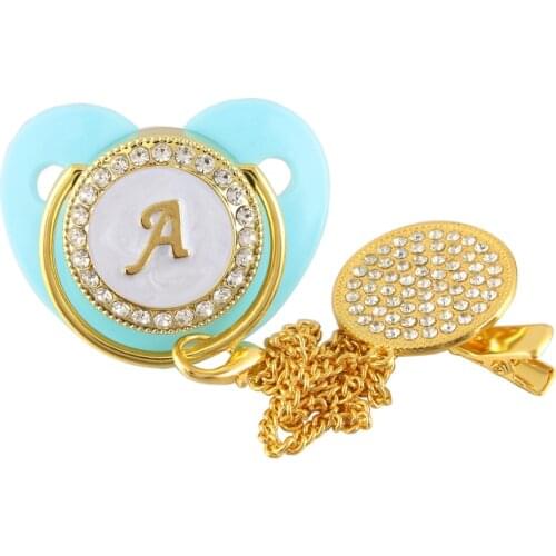 26 Initial Letters Light Blue Baby Pacifier With Chain BPA Free Silicone Infant Nipple 0-12 Months Bling Newborn Dummy Soother