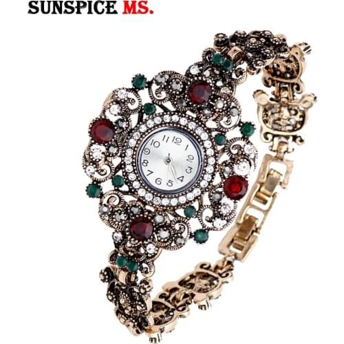 SUNSPICE MS Flower Round Bracelets Watch Women Clock Quartz Watches Vintage Turkish Wristwatch Indian Bridal Antique Jewelry
