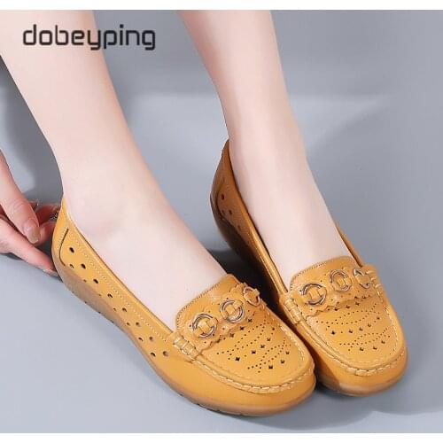 Dobeyping Fashion Hollow Womens Loafers Genuine Leather Woman Summer Shoe Moccasins Slip On Female Flats Wedge Shoes Size 35-44