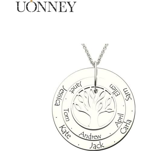 UONNEY Dropshipping Personalized Silver Tree of Life Iced Out Pendant Custom Family Name Engraved Dainty Necklace for Women 2021