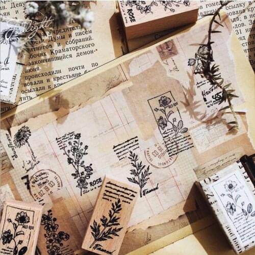 Vintage Flower Series Wooden Rubber Stamp for Kids DIY Handmade Scrapbooking Stationery,Photo Album,Diary Book Decoration