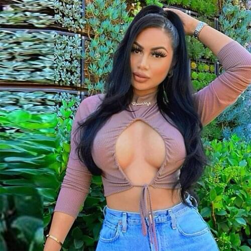 Women Solid Color Crop Top Adults Sexy Hollow Out Tie Up Long Sleeve Mock Neck Knitwear Womens Clothes T-shirt Female Blouse