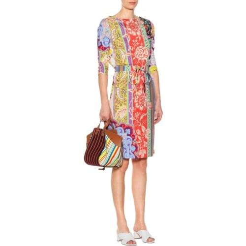 Ladies' fashion show, beautiful Vintage print, half sleeve elastic knitted with blet silk jersey slim dress