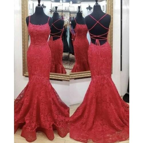 Elegant Long Mermaid Lace Prom Dresses Spaghetti Straps Criss Cross Back Sweep Train Red Robe De Soiree Formal Party Gown