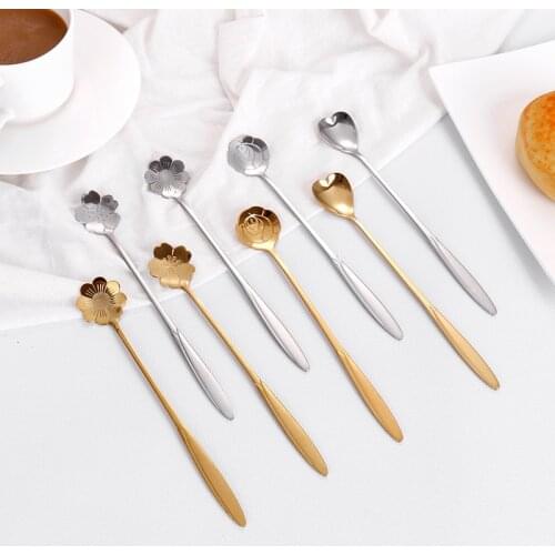 1Pcs Multi Purpose Long Handle Vintage Teaspoons Stainless Steel Flower Shape Mixing Spoon Drink Tableware Kitchen Accessories