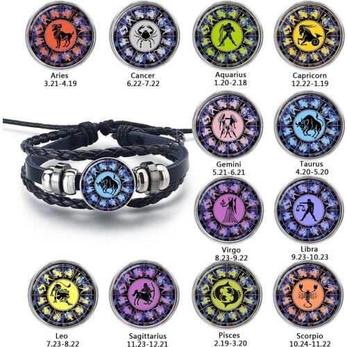 12 Zodiac Constellation Time Gem Stone Leather Hand Woven Bead Pisces Aries Scorpius Libra Virgo Bracelets Birthday Gift For Men