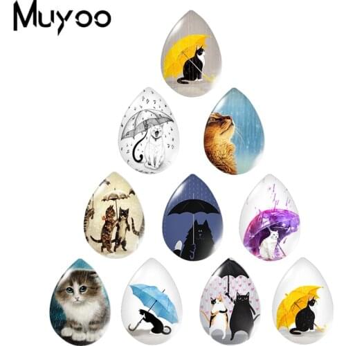 2020 New Cute Cat with Umbrella in The Rain Tear Drop Glass Cabochon Funny Cats Cabochons Handmade DIY Jewelry