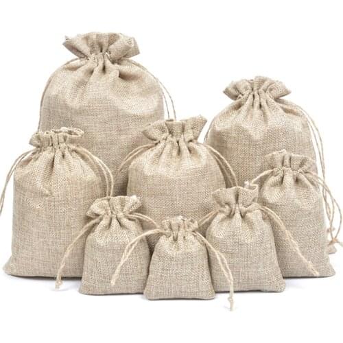 5Pcs Linen Jute Sacks Drawstring Gift Bags Wine Bottle Cover Wrap Gift Pouch Home Storages Wedding Birthday Wholesale