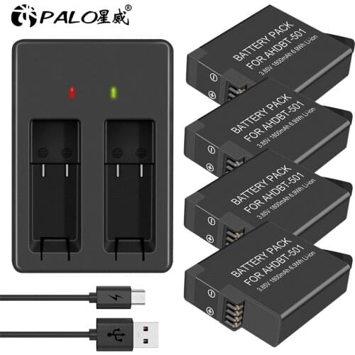 PALO 4pcs 1800mAh Batteries for GoPro Hero 5 Gopro 6 Action Camera Battery AHDBT501+ 1Slots LED Battery Charger with Type C Port